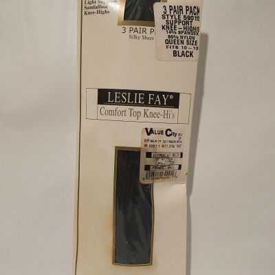 Leslie Fay Vintage Sandalfoot Comfort Top Knee Highs Silky Sheer Queen Black 3P