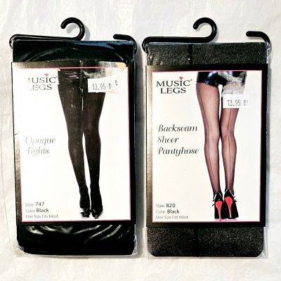2 Pair of Music Legs Black Pantyhose Backseam Sheer- Opaque - One Size Fits Most