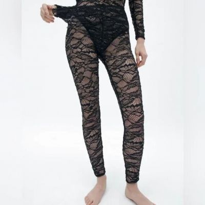 Zara Black Lace Sheer Leggings Size Large NWT