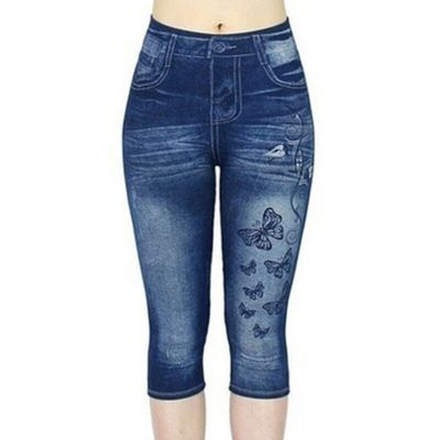 Ladies Cropped Fake Jeans High Waist Capri Denim Print Leggings Women Workout