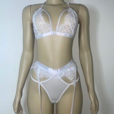 White sexy floral lingerie set with garter, stockings and sheer v-string