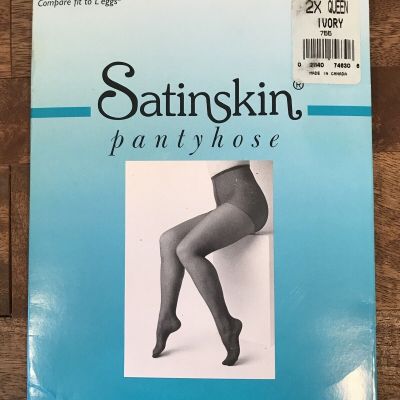 SATINSKIN Pantyhose Queen Size 2X Reinforced Toe Soft Satin Feel Nylon - IVORY