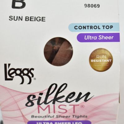 L'eggs Pantyhose Silken Mist Sun Beige   Control Top  Size B  Run Resistant