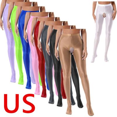 US Womens Crotchless High Waist Pantyhose Pants Oil Glossy Full Footed Tights