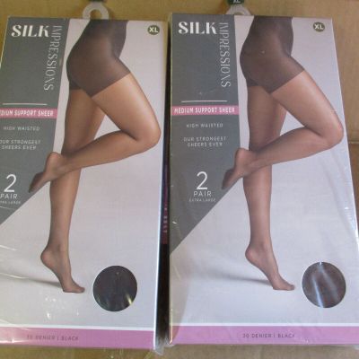 4 Pair BLACK X-LARGE  XL Silk Impressions Pantyhose MEDIUM SUPPORT SHEER BS5