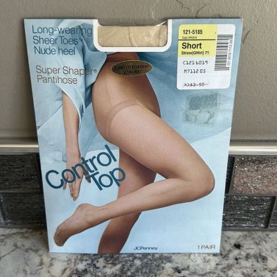 Vintage JCPenney Control Top Super Shaper Pantyhose straw short NWT nude heel