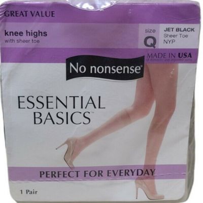 No Nonsense Knee Highs Pantyhose Essential Basics Size Q JET BLACK Sheer Toe NYP
