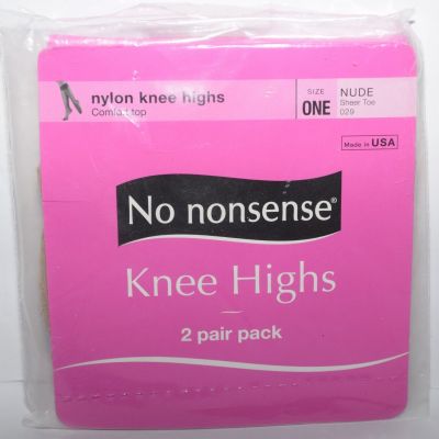 2 Pair of No nonsense Nylon Knee Highs Comfort Top Sheer Toe Size ONE Color Nude