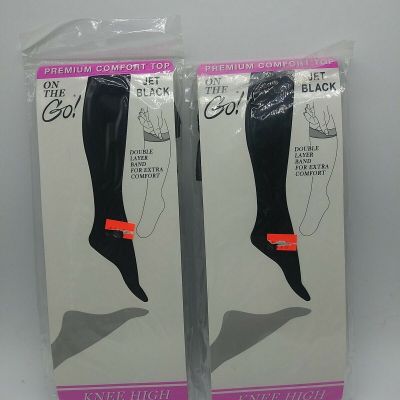 2 Pair JET BLACK Knee High Pantyhose Nylon Doble Layer Band Premium Comfort