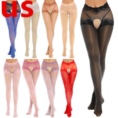 US Women Pantyhose Floral Lace Patchwork Tights Long Crotchless Mesh Sheer Tight