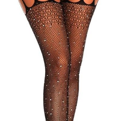 Sexy Crystal Fishnet Stockings Black Sparkle Rhinestone Lace See through Suspend