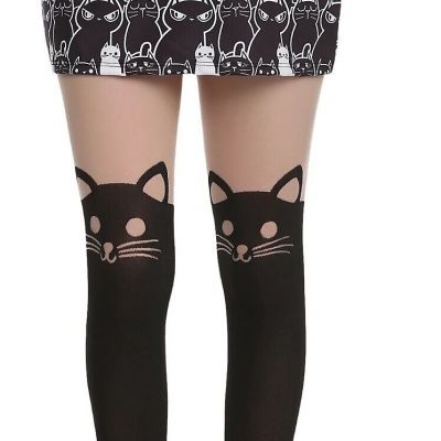 HOT TOPIC PLUS SIZE SHEER  OPAQUE CAT FACE FAUX THIGH HIGH TIGHTS IN 1X/2X NWT