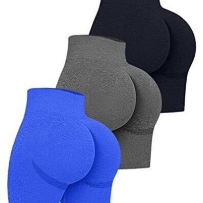 Women's 3 Piece High Waist Workout Shorts Butt Lifting Medium Black Grey Blue