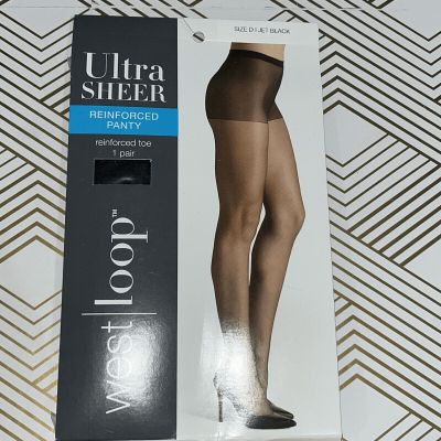 West Loop Sheer Pantyhose Jet Black Size D Reinforced Panty And Toe New