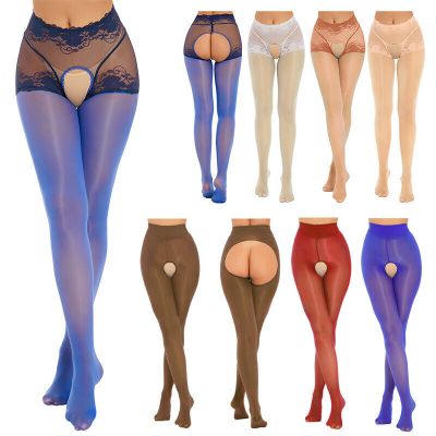 US Women See-Through Crochless Pantyhose Glossy Lace Stockings Stretchy Lingerie