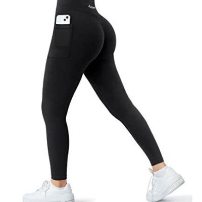 A AGROSTE Women Black Seamless Workout Leggings with Pockets Scrunch Butt Lif...