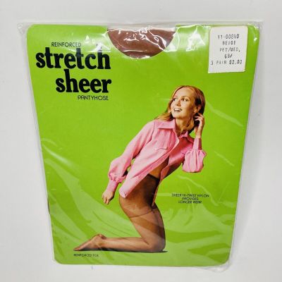 Stretch Sheer Pantyhose  Reinforced Petite/Medium BEIGE Nylon Vintage 1970's NEW