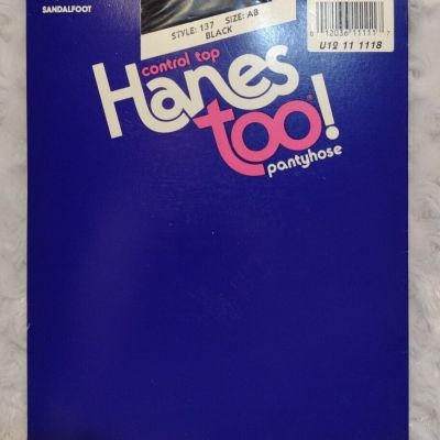 Vintage 90's Hanes Too! Control Top Pantyhose Sandalfoot Style 137 Size AB Black
