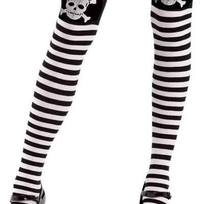 Hauntlook Thigh-High Striped Halloween Skull Stockings, Black & White