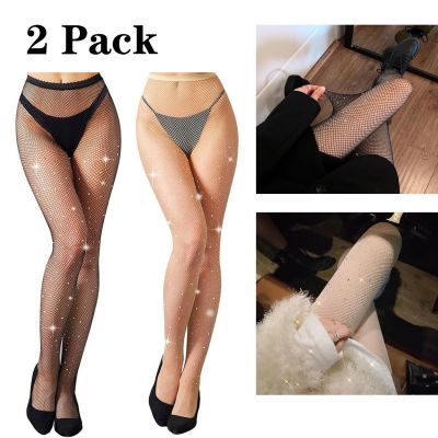 2 Pack Women's Sparkle Rhinestone Fishnet Stockings Sexy Glitter Party Pantyhose