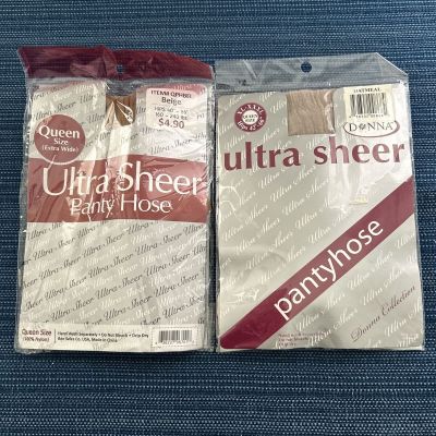 Ultra Sheer Queen Sized Pantyhose Oatmeal And Beige NOS Plus Size 2 Pair