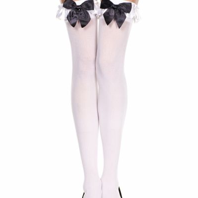 Sexy Music Legs White Opaque Thigh-High Stockings w Satin Ruffle and Black Bow
