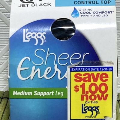 Leggs Sheer Energy Medium Support Cool Wicking Pantyhose Size Q Jet Black NEW