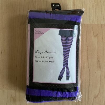 NEW Leg Avenue Women’s Nylon Black and Purple Striped Tights, Plus Size 1X/2X