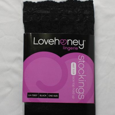 Lovehoney Women's Wet Look Lace Top Thigh-High Stockings AK1 Black One Size NWT