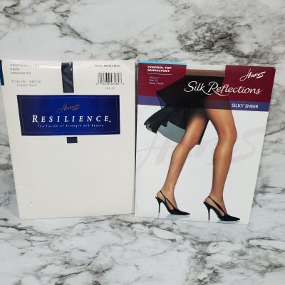 Lot of 2 Hanes Pantyhose Women's CD Navy Brown Silk Reflections Resilience Sheer