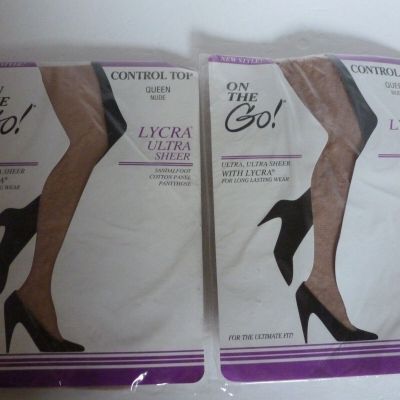?Lot 2  On the Go! Ultra Sheer Control Top Pantyhose Nude USA , Queen-FREE SHIP