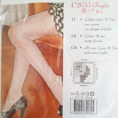 Mura Collant Sheer Tight Foglie C2635 White embroidered Pantyhose Size S