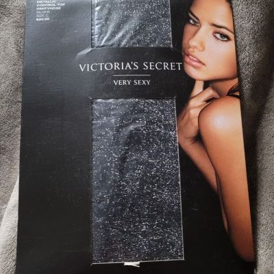Vintage Victoria’s Secret Sexy Metallic Silver Black Hose Stocking Size C NEW