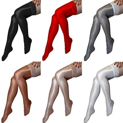 Women's Shiny Glossy Stretchy Thigh High Stockings Lace Silicone Stay Up Hosiery