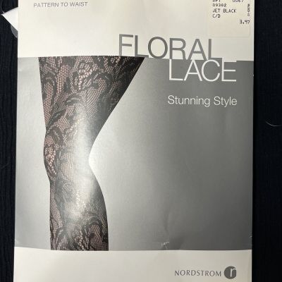 NIP Nordstrom Rack Women's Black Floral Lace Pantyhose Size CD Stunning Style