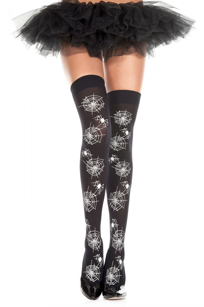 Music Legs Sheer-spider-and-web-print-opaque-thigh-hi  Halloween 2018 | Pantyhose Library