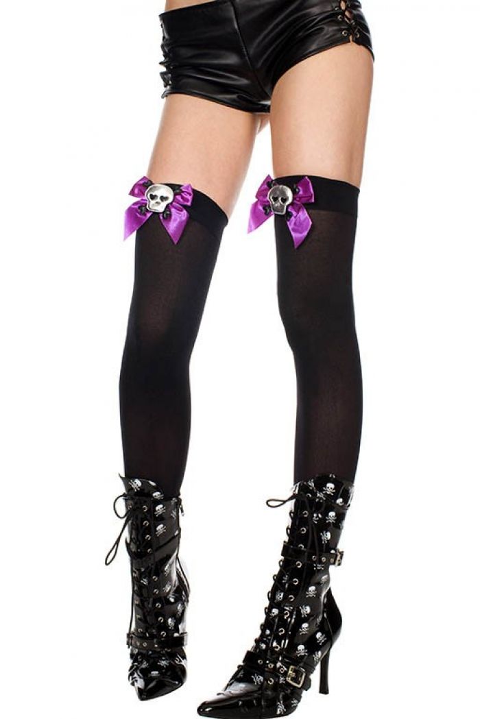 Music Legs Skull-applique-with-satin-bow-opaque-thigh-hi  Halloween 2018 | Pantyhose Library