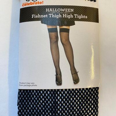 1 pair women's black fishnet thigh high tights One size  Halloween costume