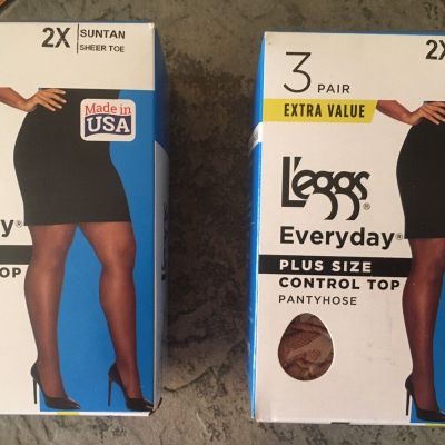 Lot of 2 L'eggs 3-Pair Everyday Pantyhose Plus Size 2X Control Top Suntan New