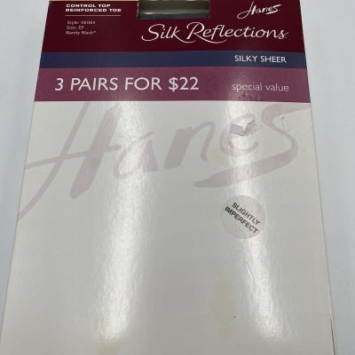 New Set Of 3 Hanes Silk Réflection Pantyhose Size EF Barely Black Silky Sheer