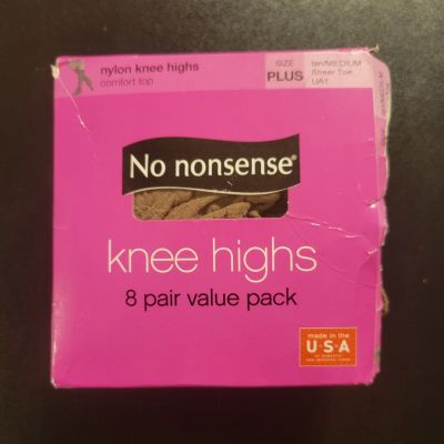 No Nonsense 8 Pair Comfort Top Sheer Toe Tan Nylon Knee Highs - Size Plus UA1