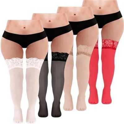 Wayyogh 4 Pairs Plus Size Thigh High Stockings Stay Up Lingerie Silicone Lace...