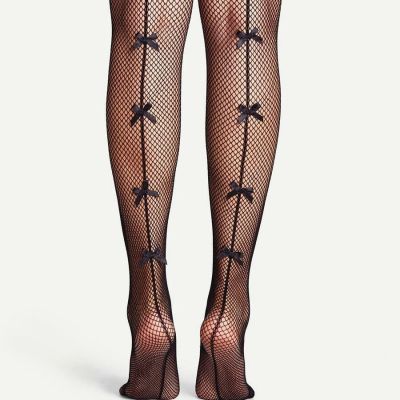 Bow Detail Net Design Pantyhose Stockings Fashionable For Daily Life 1pair