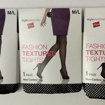 NIP Lot 3 Hanes Stylessentials Fashion Textured Tights Black Fishnet M / L