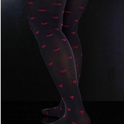 Torrid Betsey Johnson Black Opaque Tights Red Hearts Size 1/2