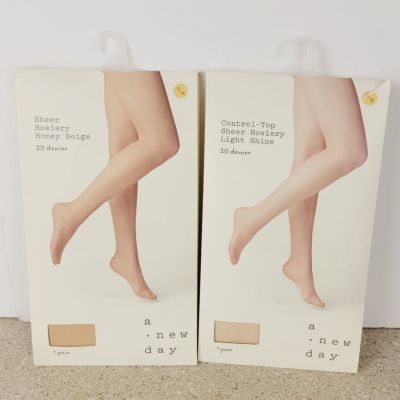 A New Day S/M Sheer Hosiery 20 Denier - 1 Control Top Shine & 1 Honey Beige