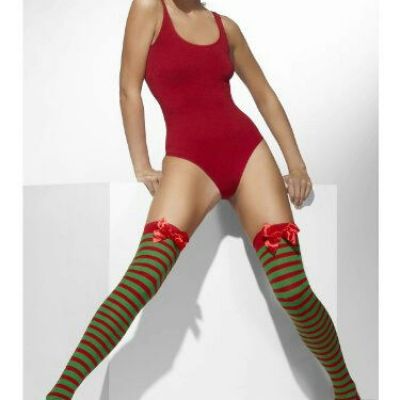 Red & Green Opaque Striped Thigh Highs Hold-ups with Bow