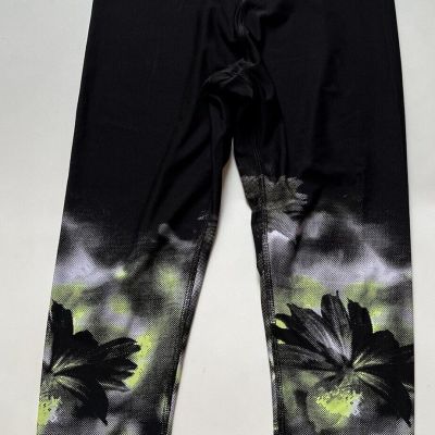 SPALDING Speed-Dri Black Yellow Floral Mid Rise Workout Cropped Leggings Size L