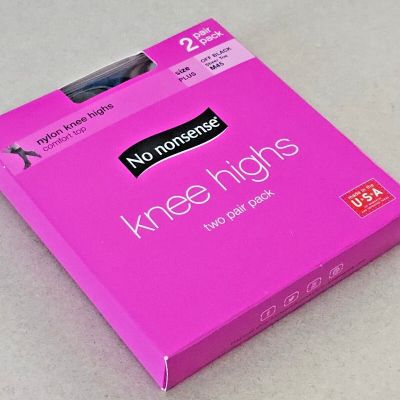 NO NONSENSE 2-Pair Nylon Knee Highs Sheer Toe Off Black Pantyhose M45 PLUS Size