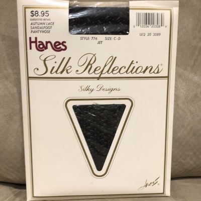 Vintage Hanes Silk Reflections Autumn Lace Pantyhose C-D Jet Black Tights